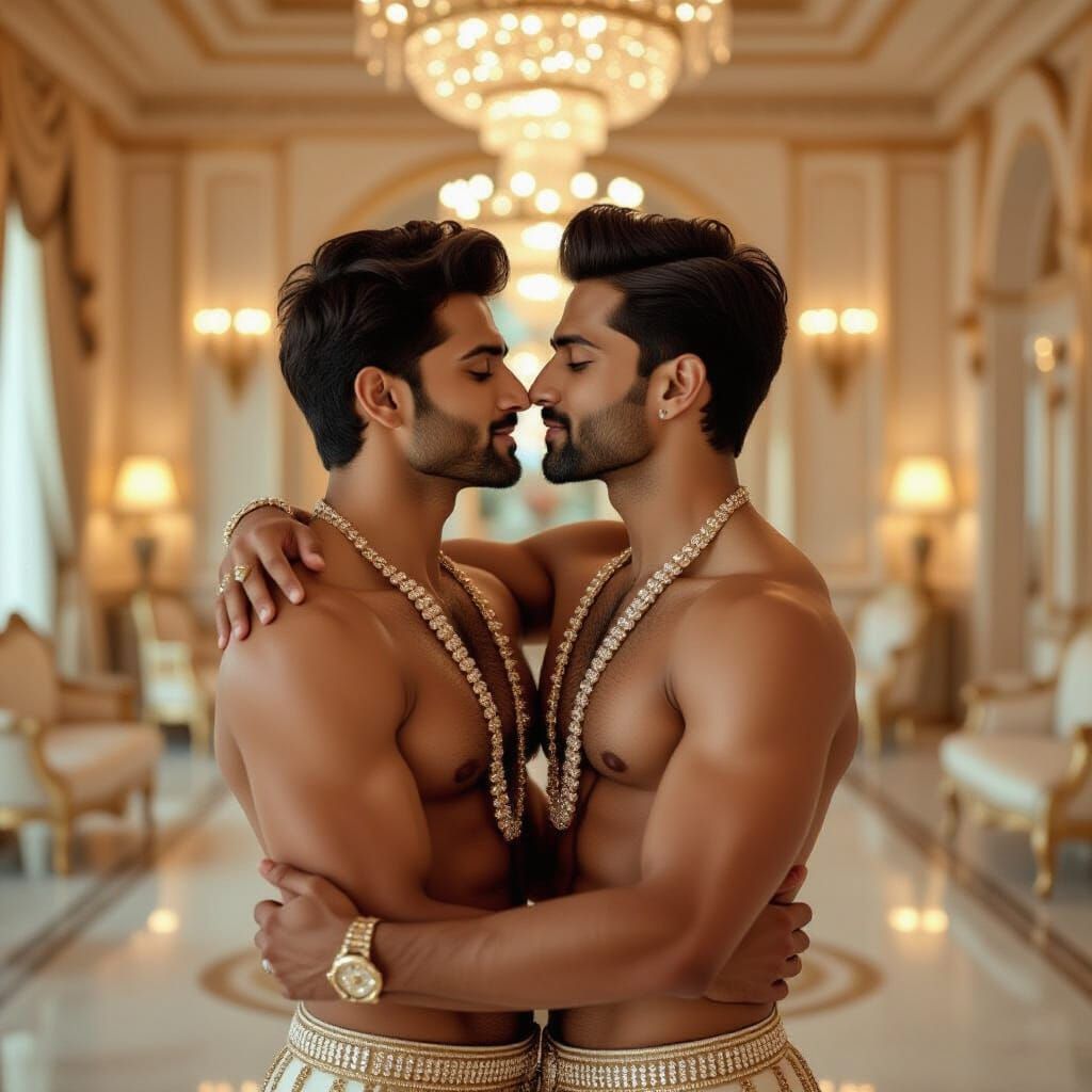 Two Indian Men Embrace in Opulent Bedroom