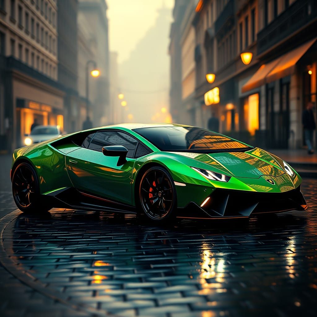 Sleek Green Lamborghini Under Dusk Cityscape