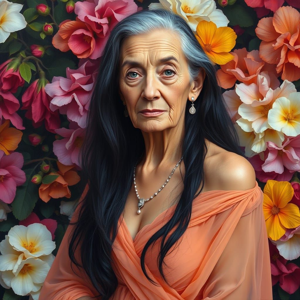 Elegant Matriarch in Peach Chiffon Gown with Black Hair and ...