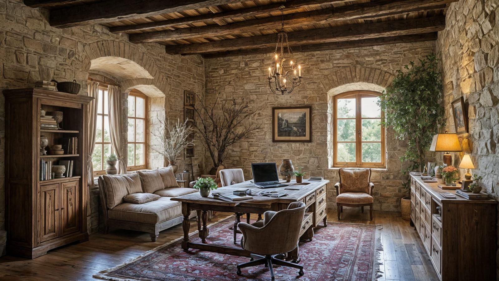 Rustic Mediterranean Farmhouse Home Office: Realistic Interi...