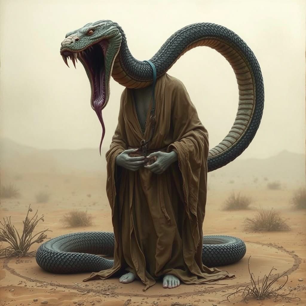 Surreal Desert Scene with a Serpent Entwining a Human Figure
