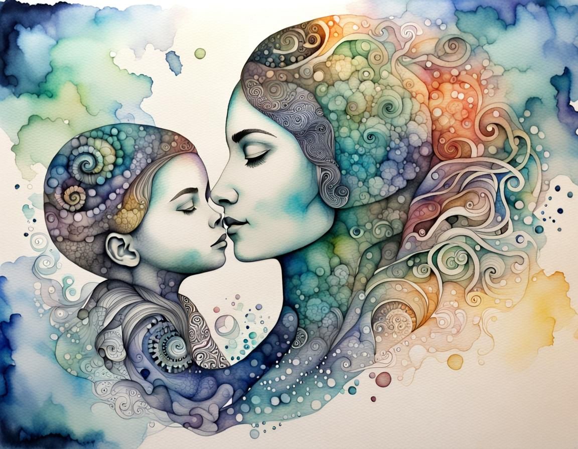 Emotional Mother and Child in Watercolor Ink