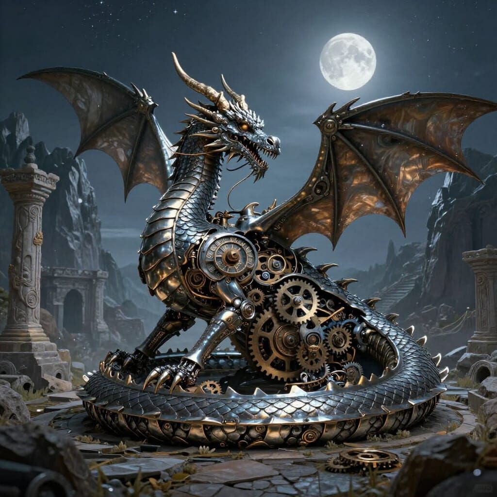Clockwork Dragon in Moonlit Mountain Sanctuary