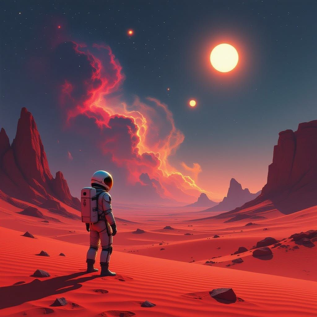Astronaut on Crimson Planet Reflecting Nebula