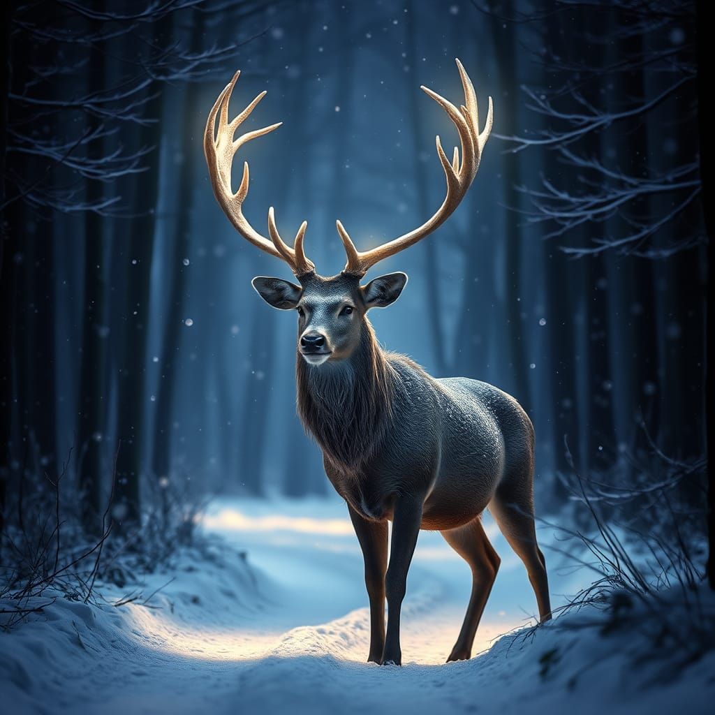 Majestic Deer in Winter Forest with Glowing Antlers