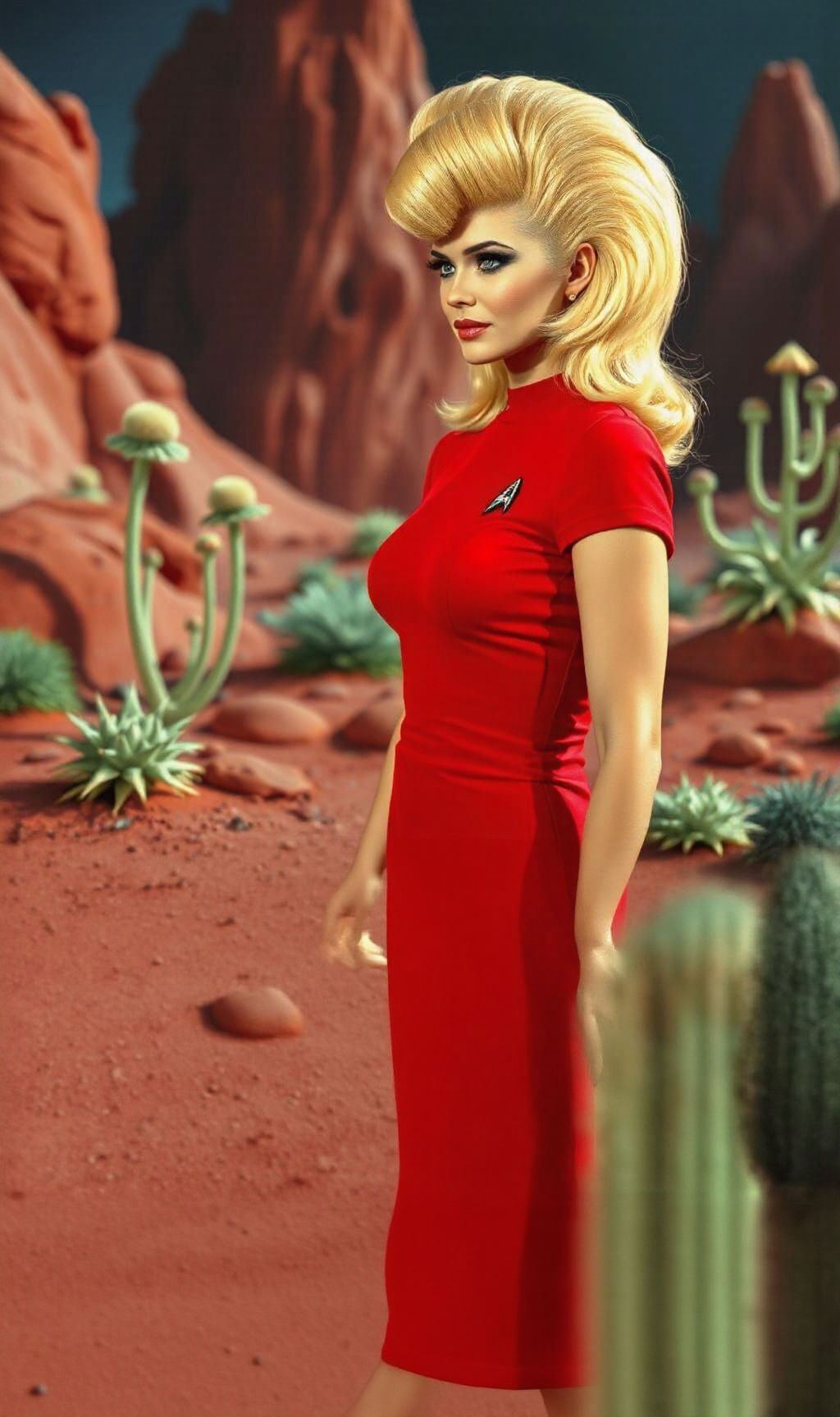 Janice Rand (Grace Lee Whitney), wearing a blonde beehive ha...