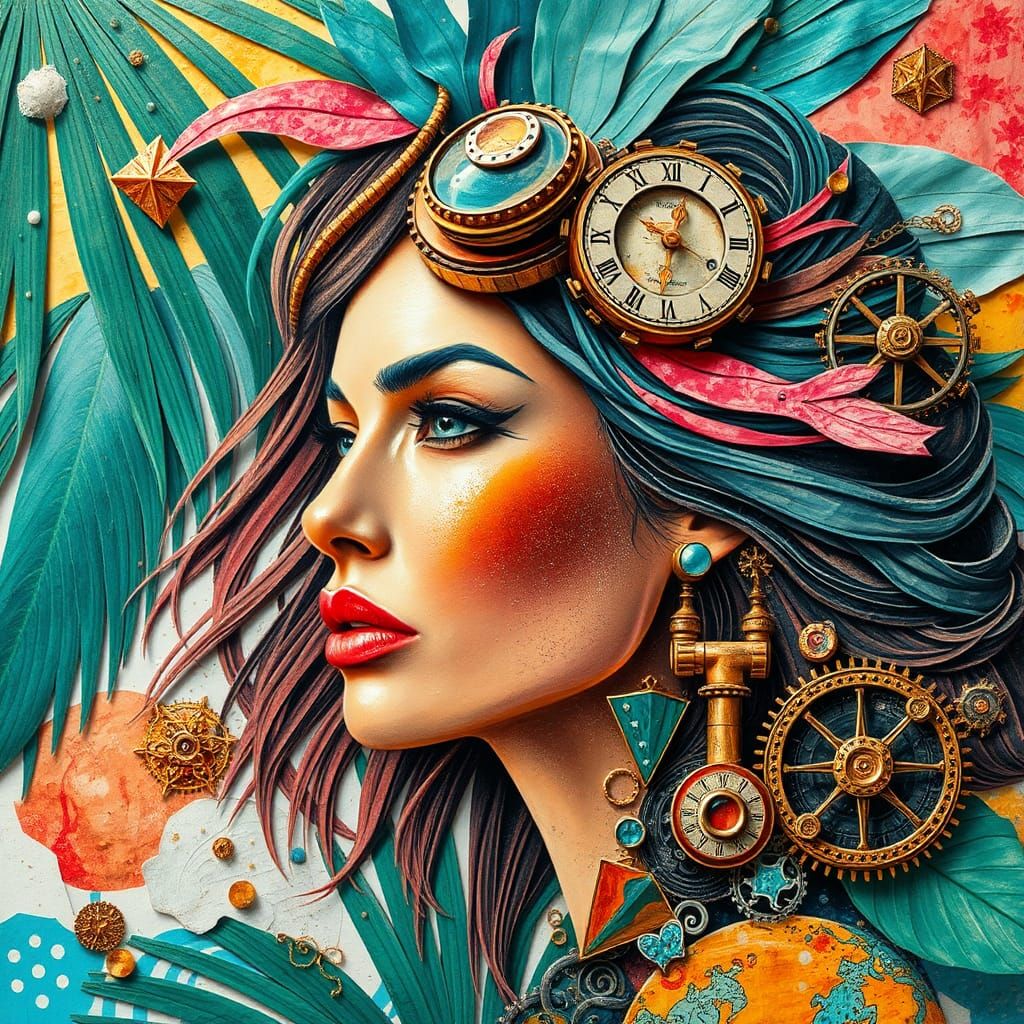 Steampunk Woman Collage in Tropical Art Style