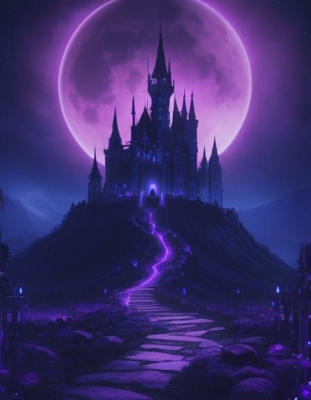 Mystical Castle Under Glowing Moon in Ethereal Night Sky