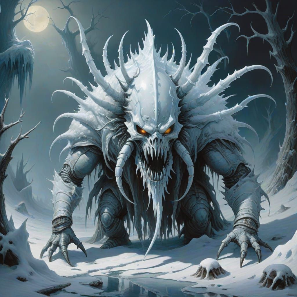 Horrific Ice Centipede Creature with Witch Head