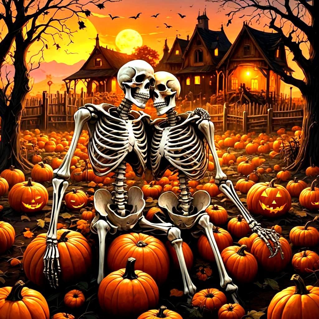 Skeletons Embrace in Autumn Pumpkin Patch