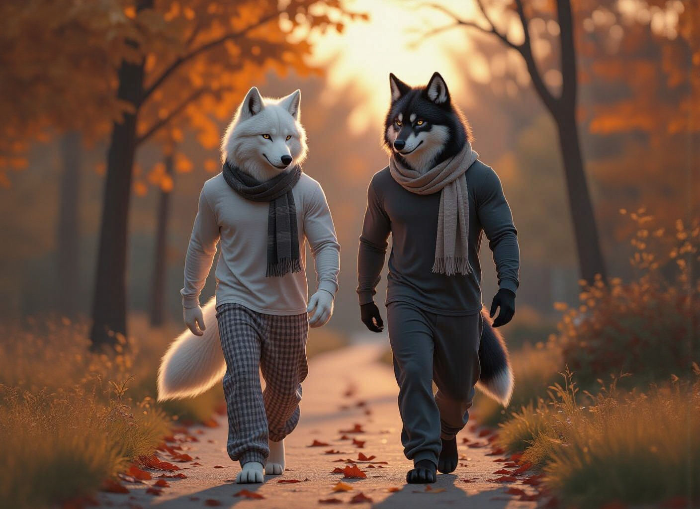 Wolves in Pajamas Enjoying an Autumn Morning Walk