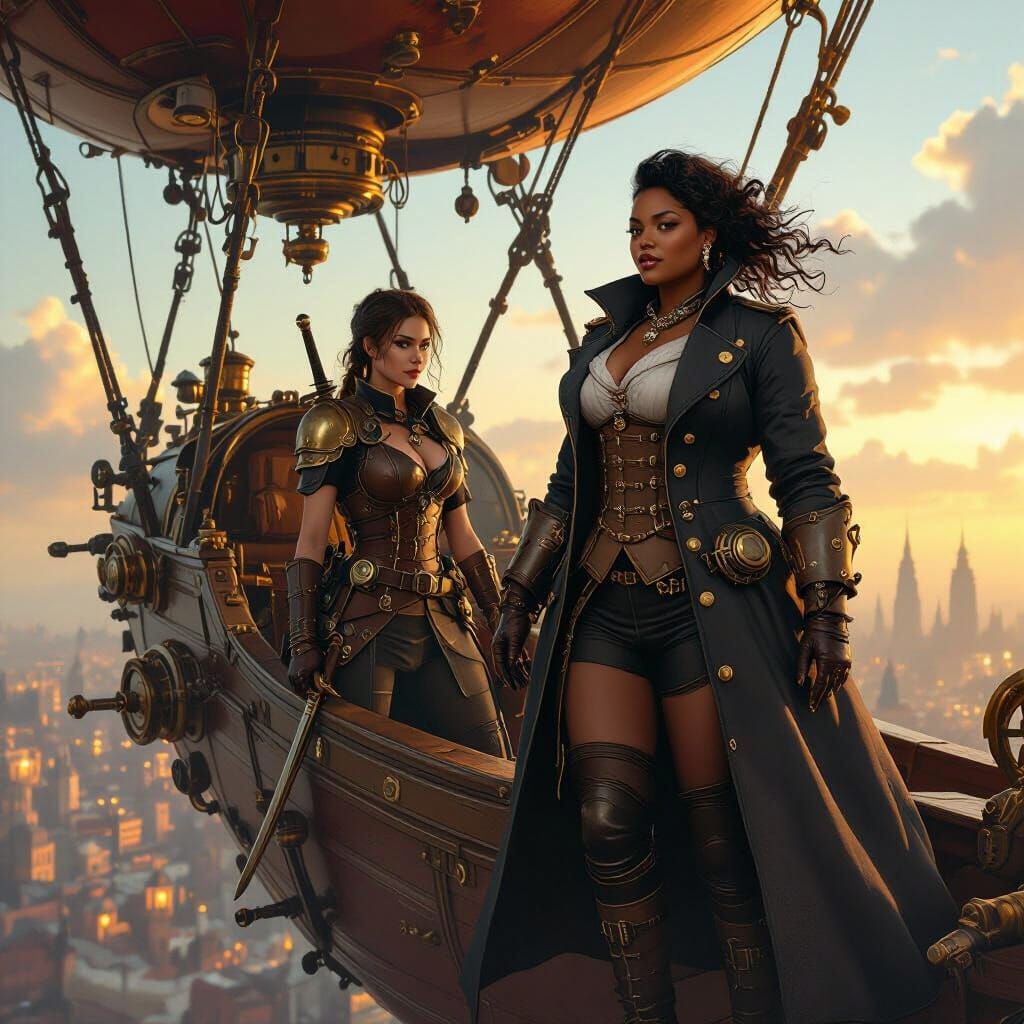 Steampunk Women on Airship Above Victorian City