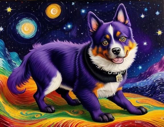 Purple Dog in Van Gogh Starry Night Style