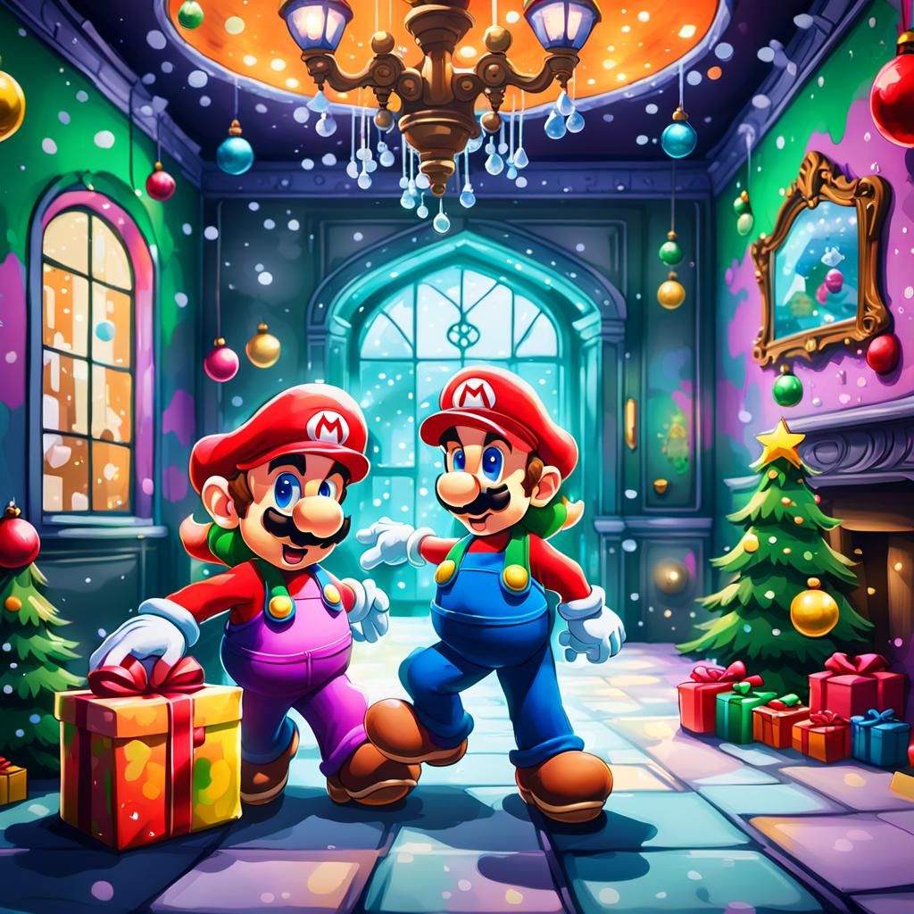 Mario and Luigi Christmas Mansion in Street Art Style