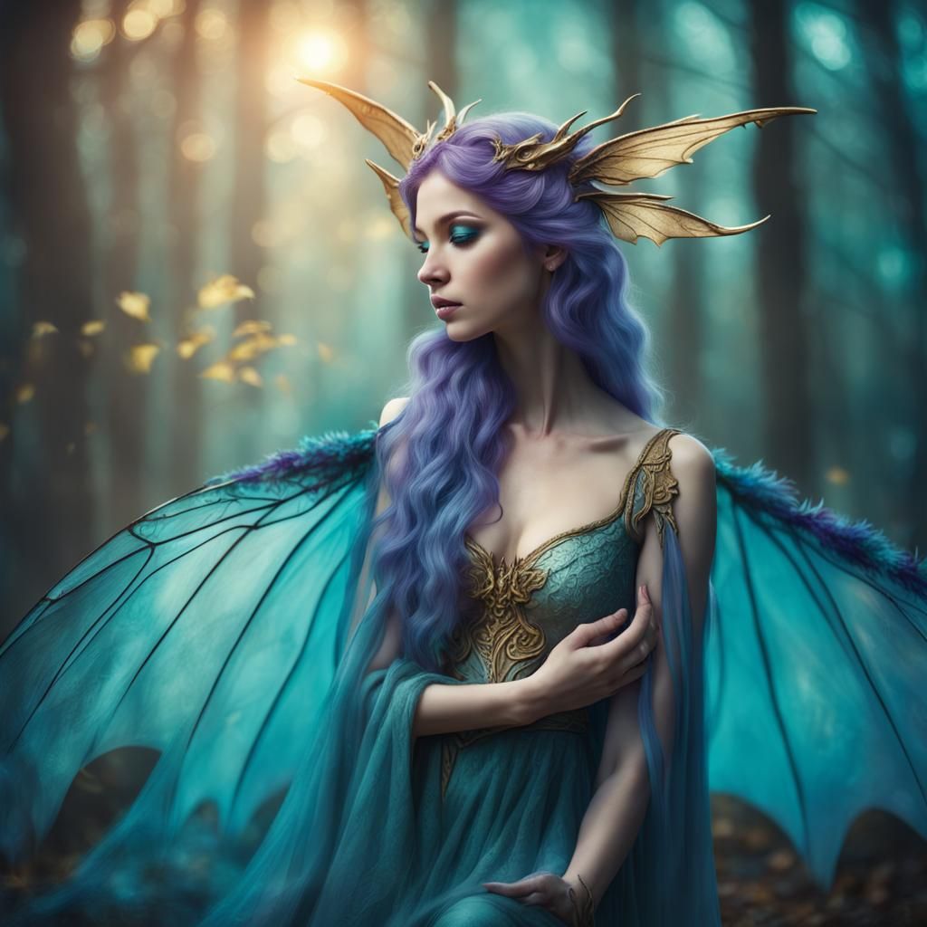 Teal Fairy and Dragon in Magical Woods