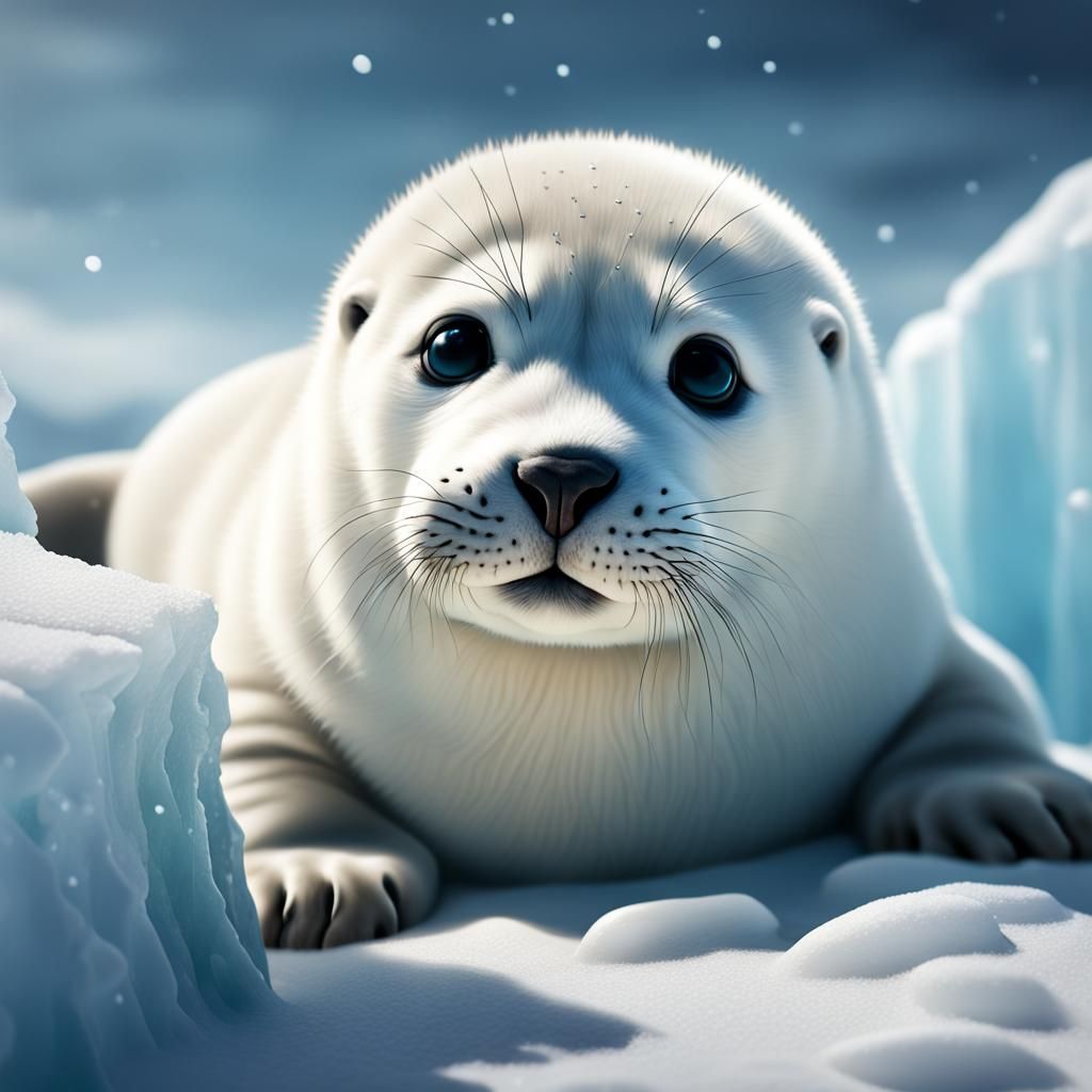 Hyperrealistic Baby Seal on Iceberg in Snow