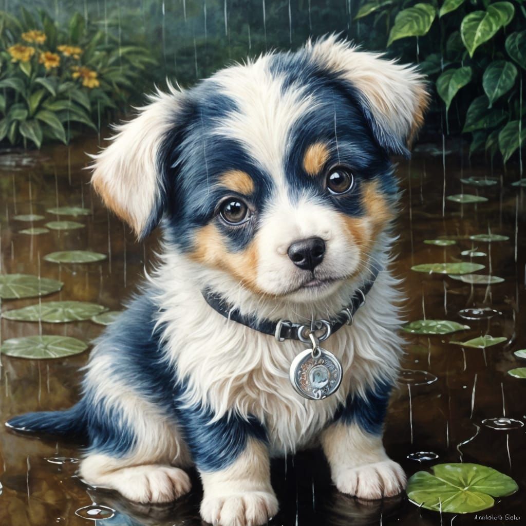 Sad Puppy in Rain Watercolor Illustration
