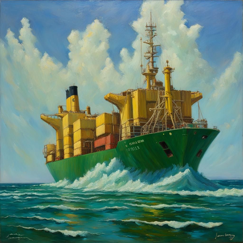 Ocean Ship in Green Sky: Oil Painting