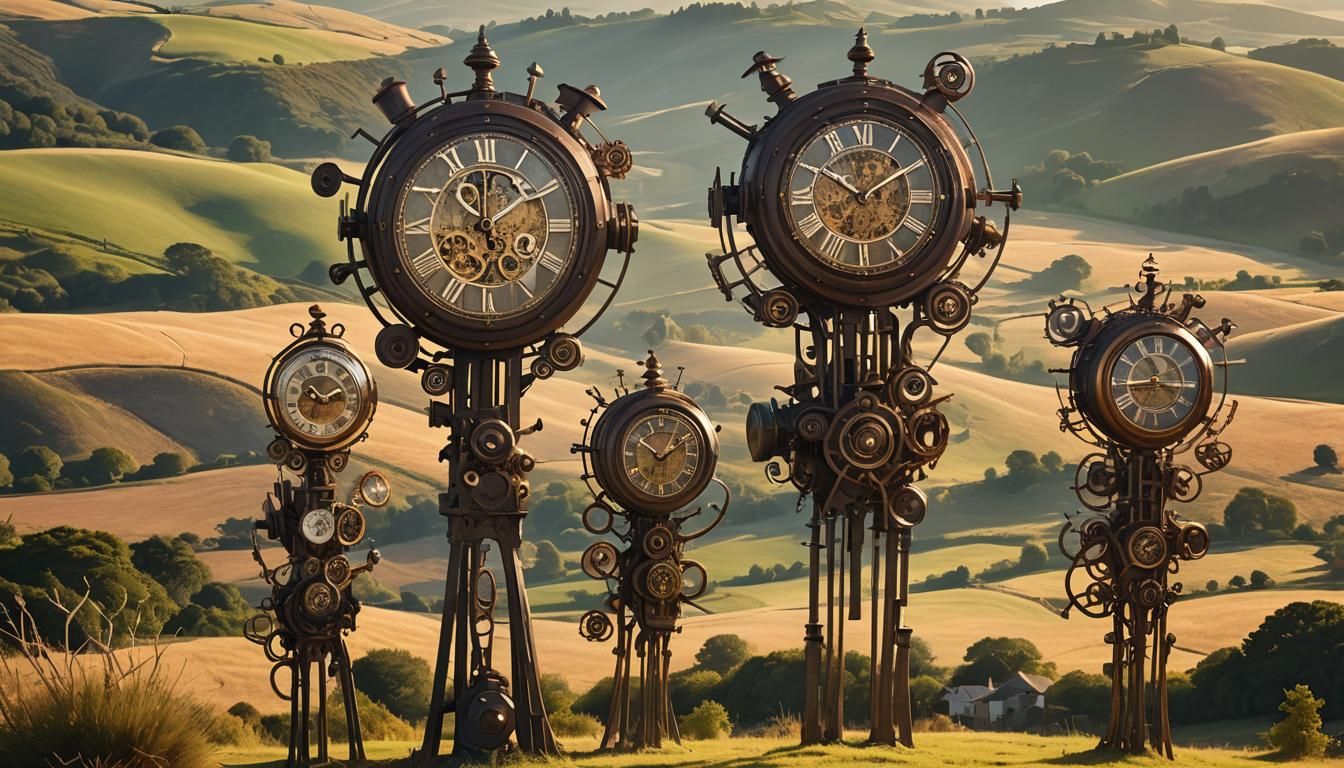 Steampunk Clocks and Surreal Figures at Sunset