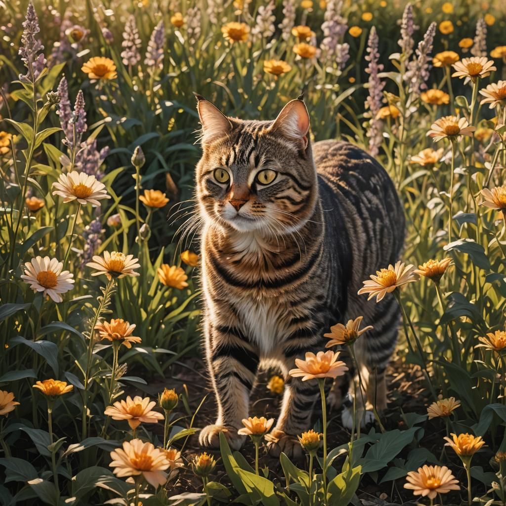 Tabby Cat in Field of Dancing Flowers