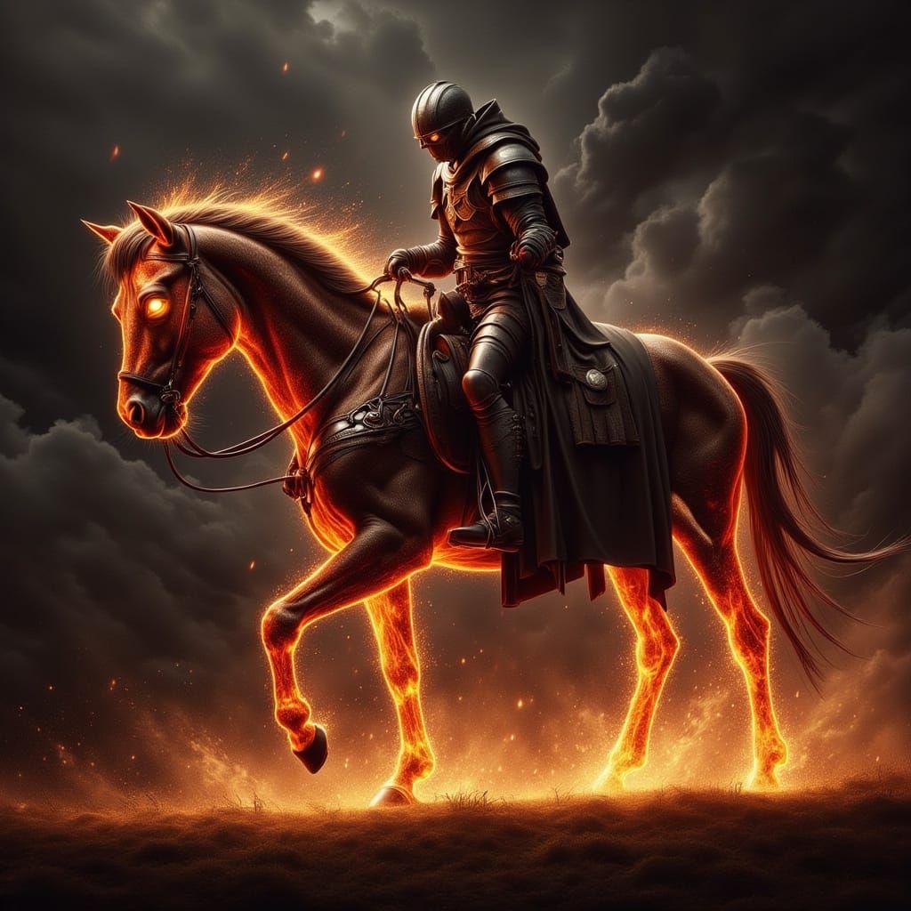 Fiery Horseman in Hyperrealistic Medieval Scene