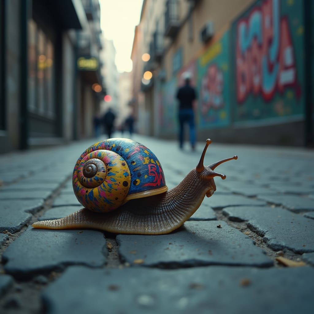 Graffiti Snail Crawls City Sidewalk at Dawn