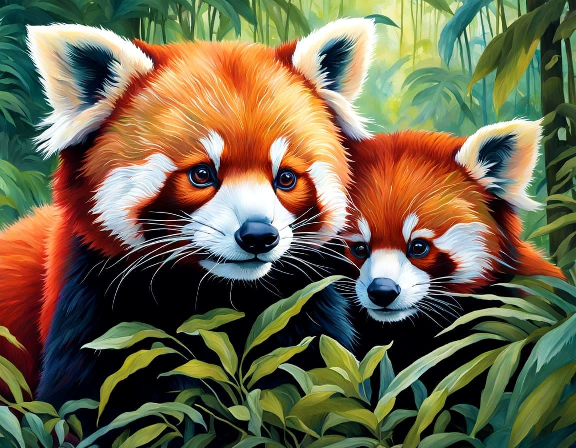 Cute Red Pandas Play in Lush Jungle, Gouache Painting