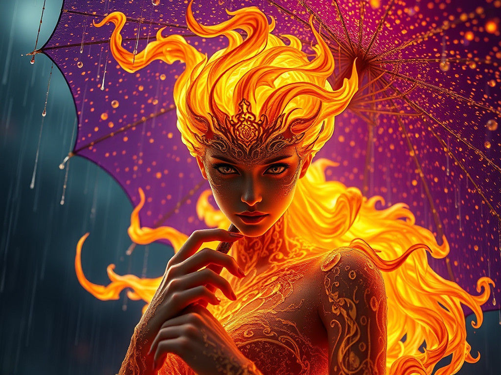 Ethereal Fire Goddess Sheltered from Rain