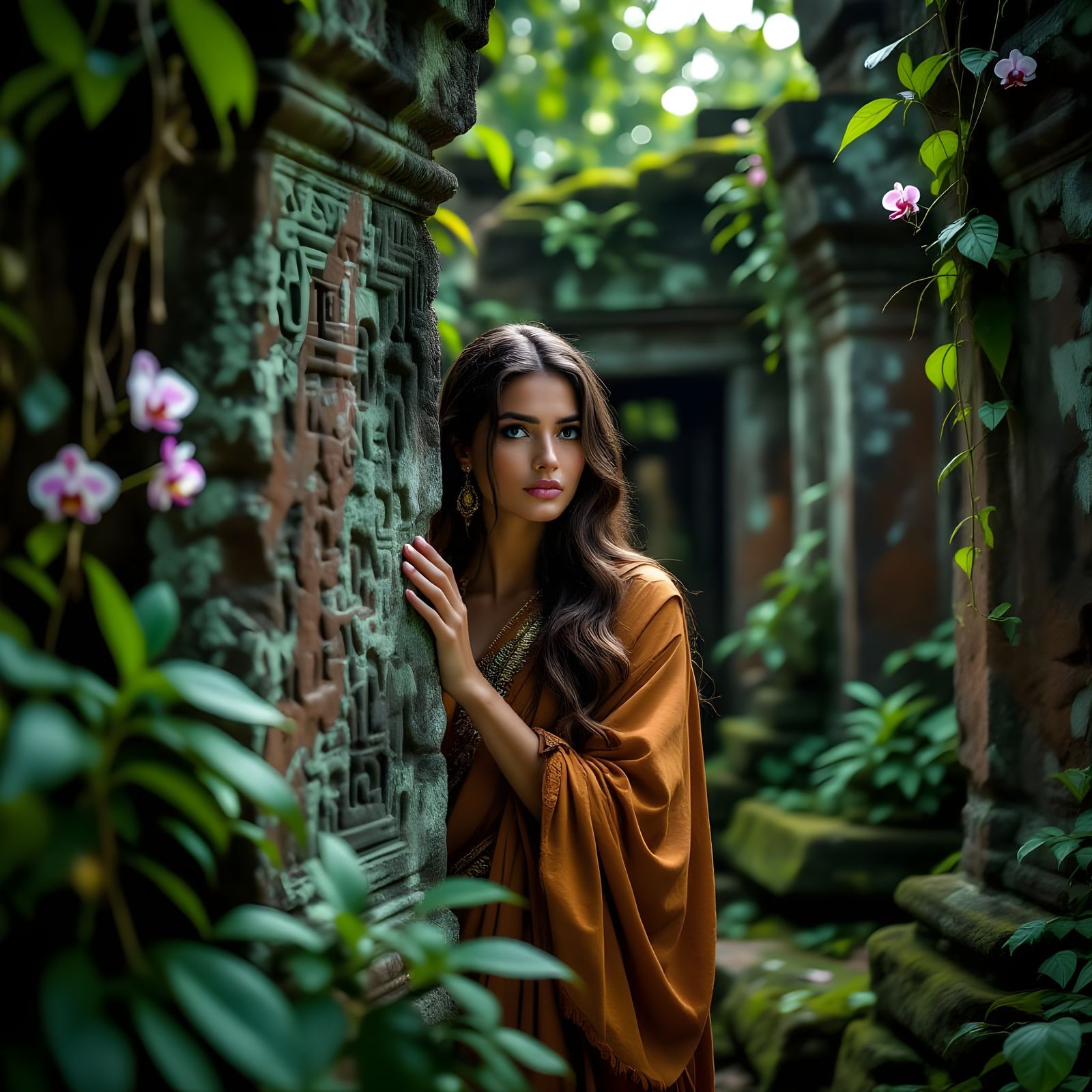Jungle Temple Ruins with Woman in Ceremonial Robe