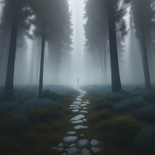 Traveler in Ethereal Mist of Pine Forest