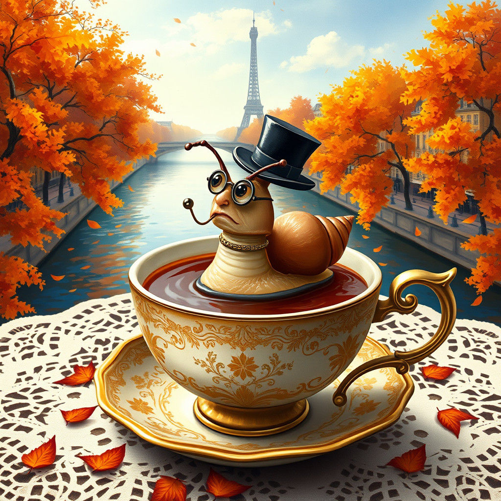 Escargot Sipping Latte in Paris, Impressionist Style