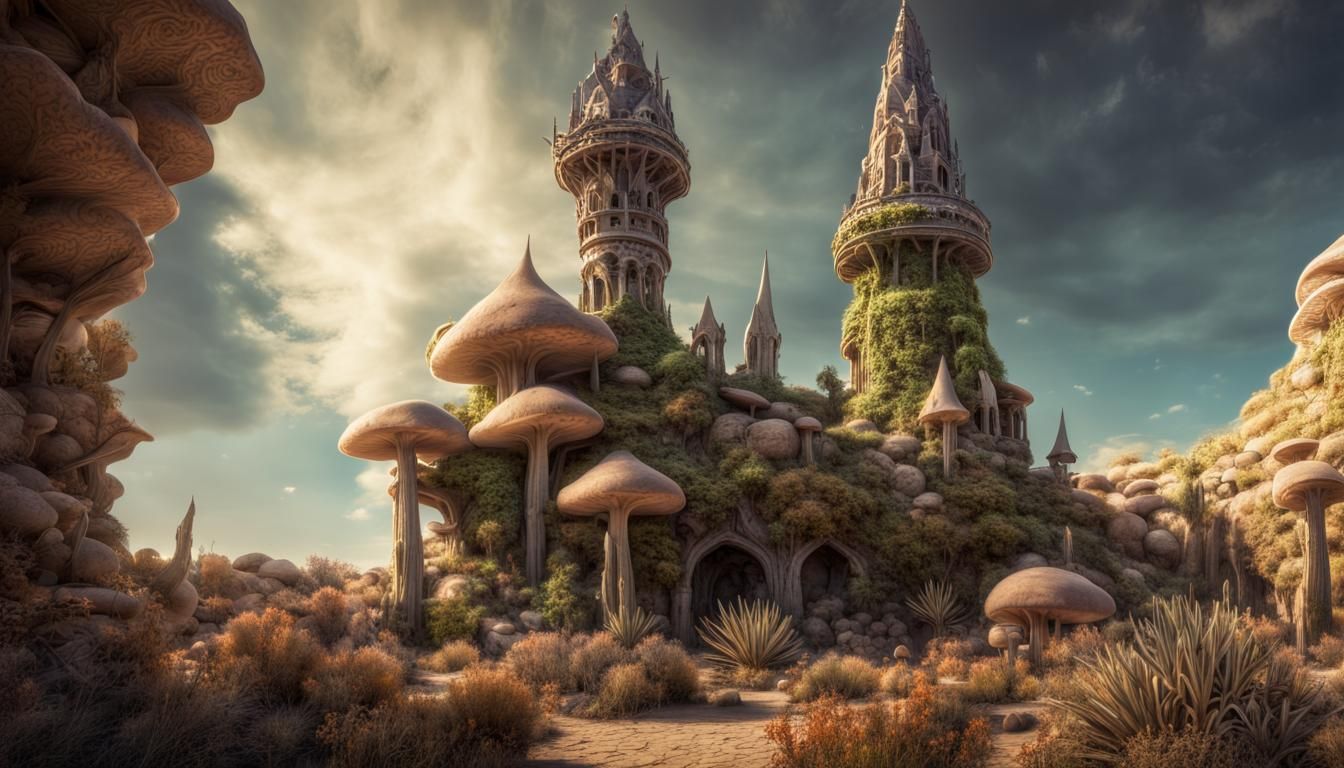 Wizard Spire with Glowing Mushrooms in Desert City