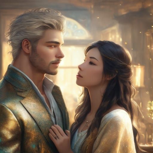 Romantic Couple Kissing: Warm Oil Painting Portrait