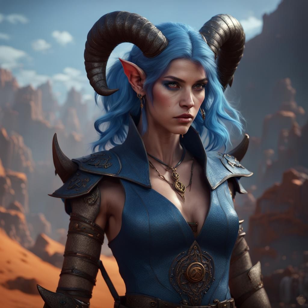 Tiefling with Blue Hair: Fantasy Concept Art