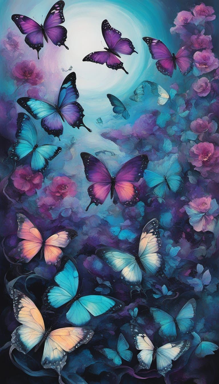 Ethereal Vineyard Scene with Butterflies in Abstract Surreal...