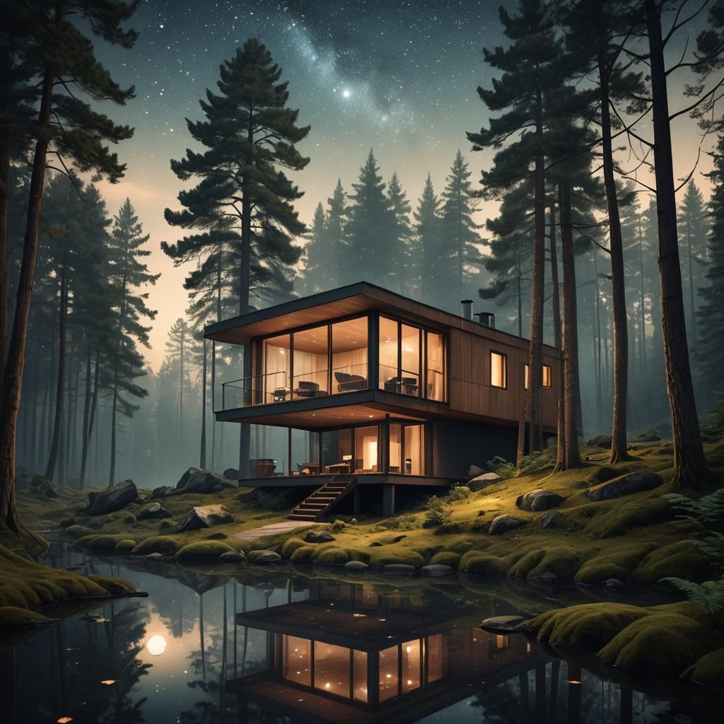 Cabin in Forest at Night, in Organic Modernism Style