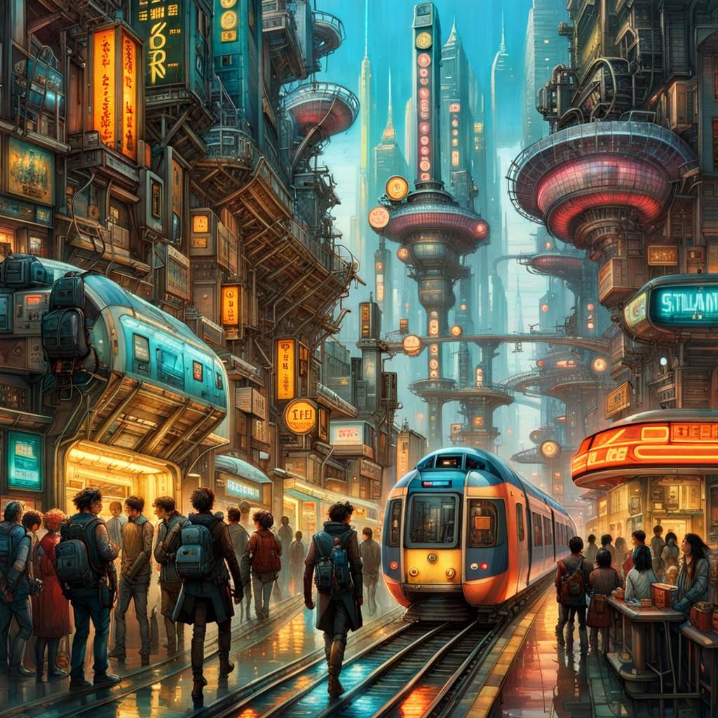 Cyberpunk Cityscape with Hovercrafts and Monorails