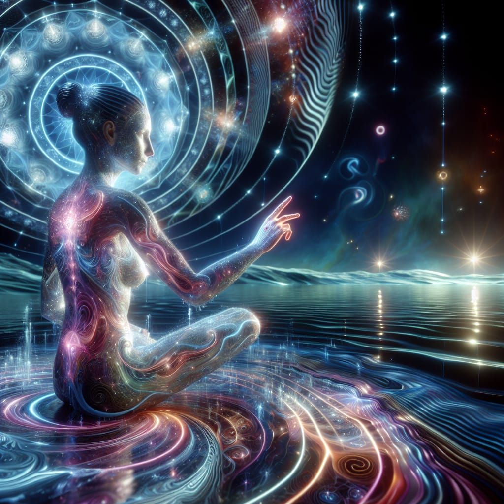 Feline Goddess Meditating on Sacred Geometry Ocean