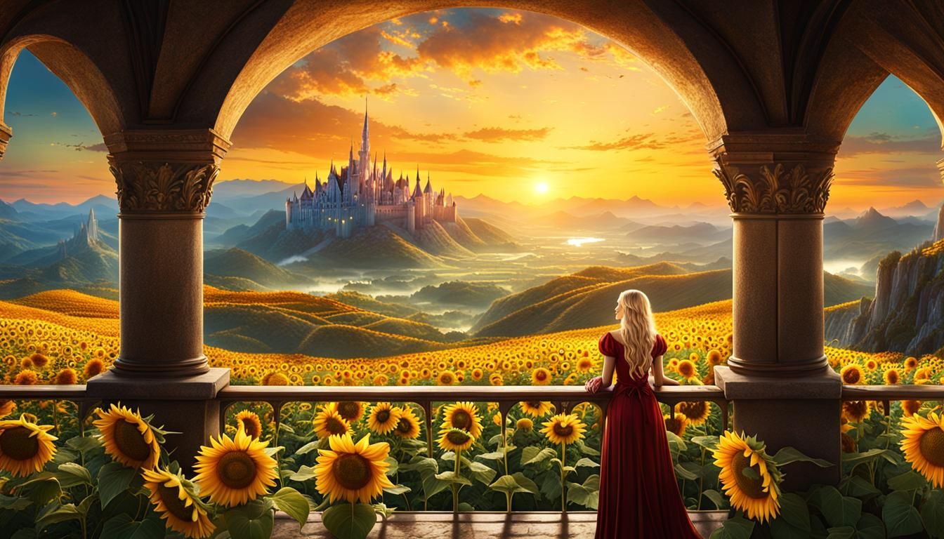 Princess Overlooks Sunflower Valley at Sunrise