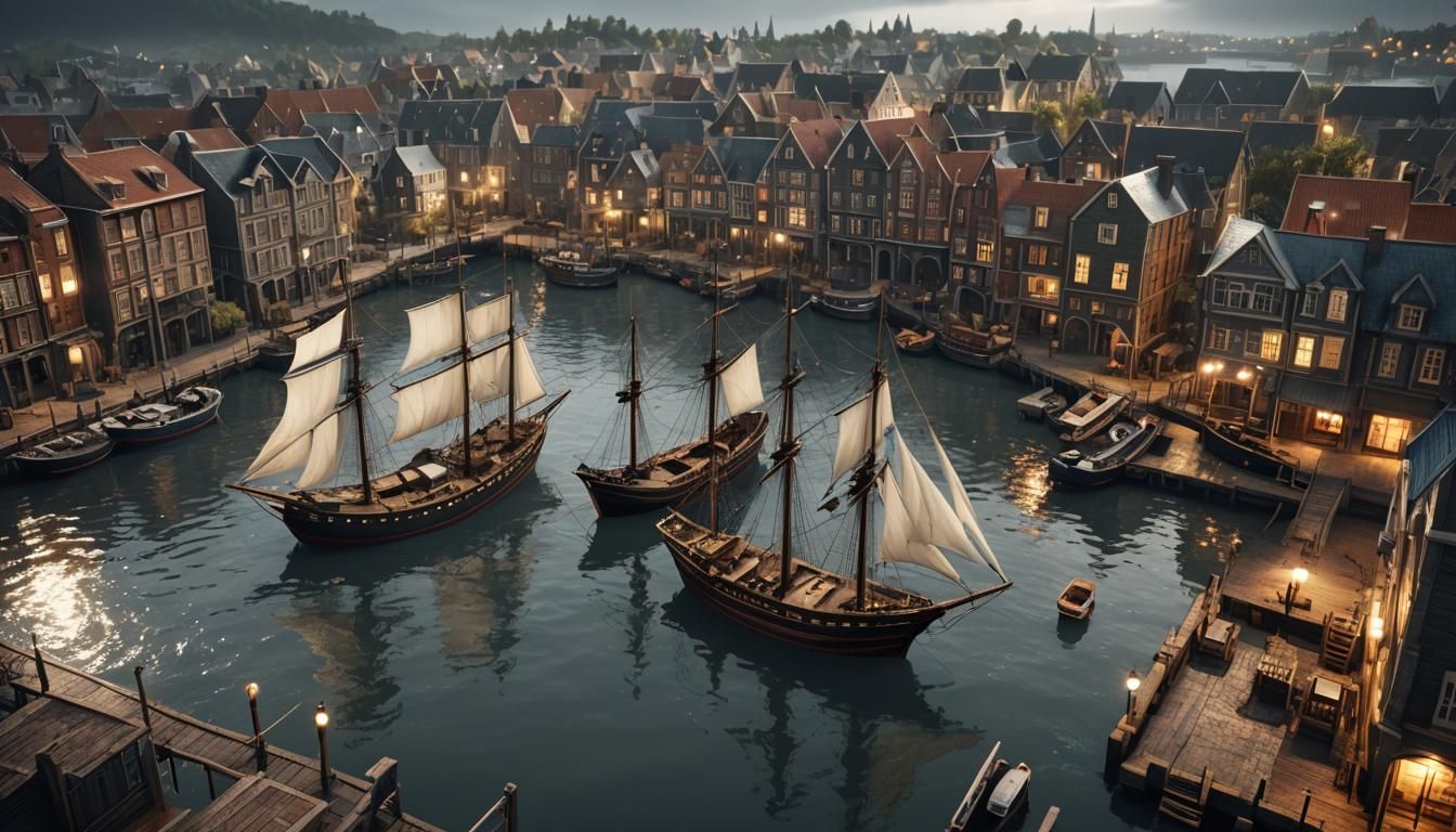 Stormy Harbor with Sailing Ships: 3D Game Render