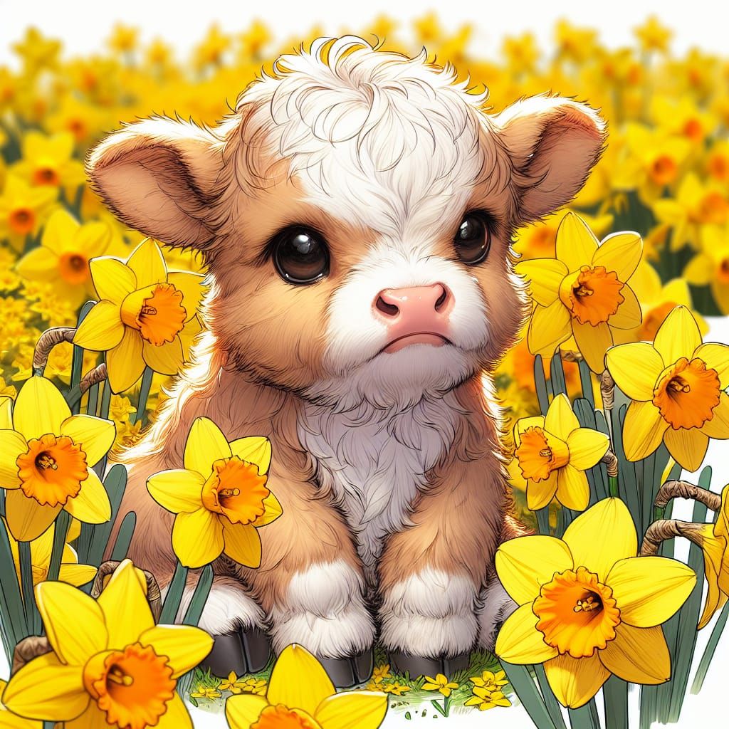 Chibi Cow in Daffodils, Cute Digital Art