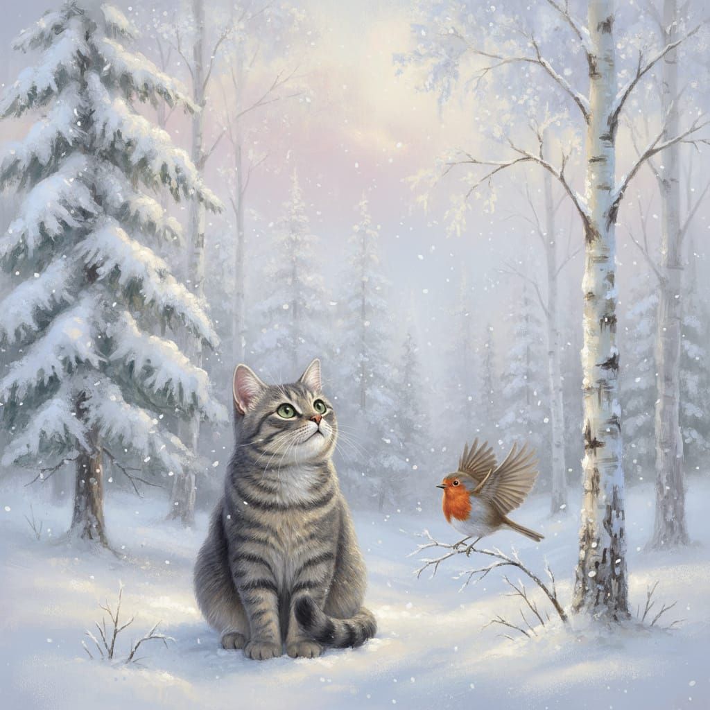 Dreamy Winter Forest Scene with Cat and Bird