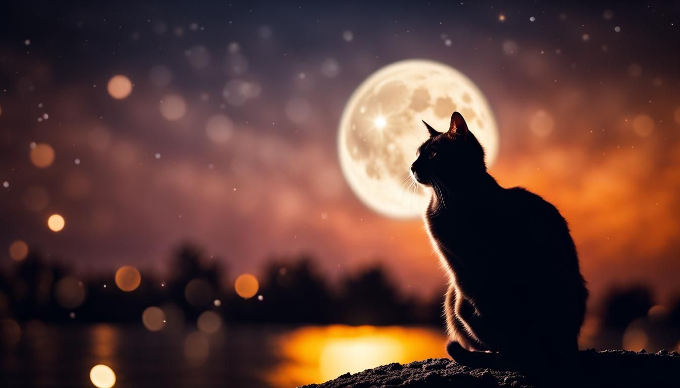 Cat Silhouette on Full Moon, Bokeh Photography