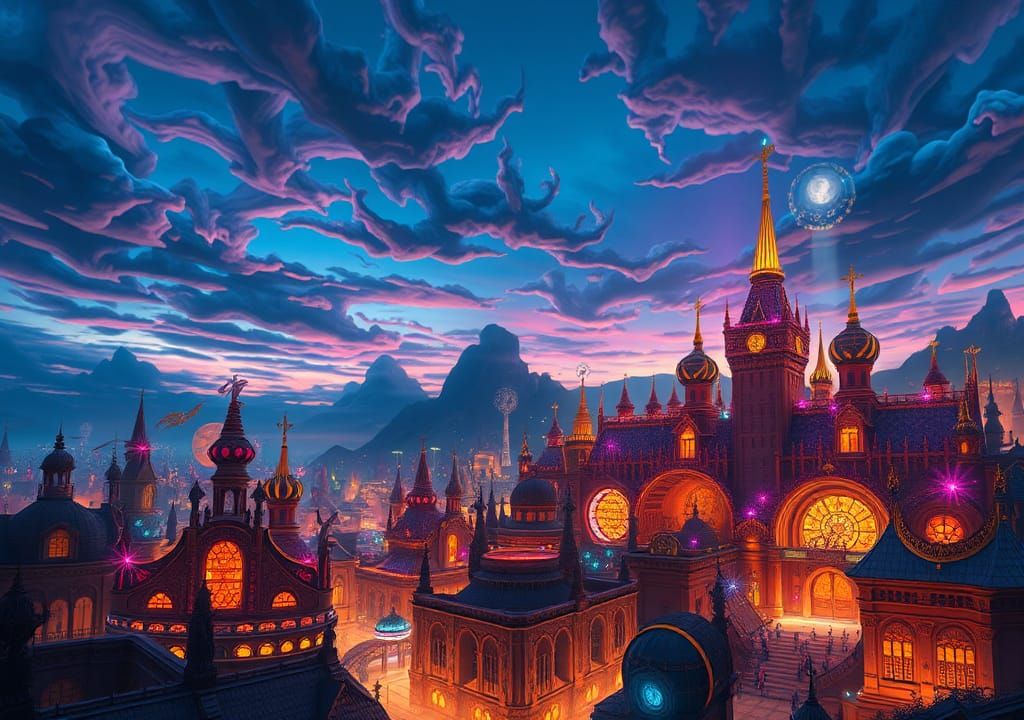 Dreamlike Cityscape with Fantastical Creatures, Matte Painti...