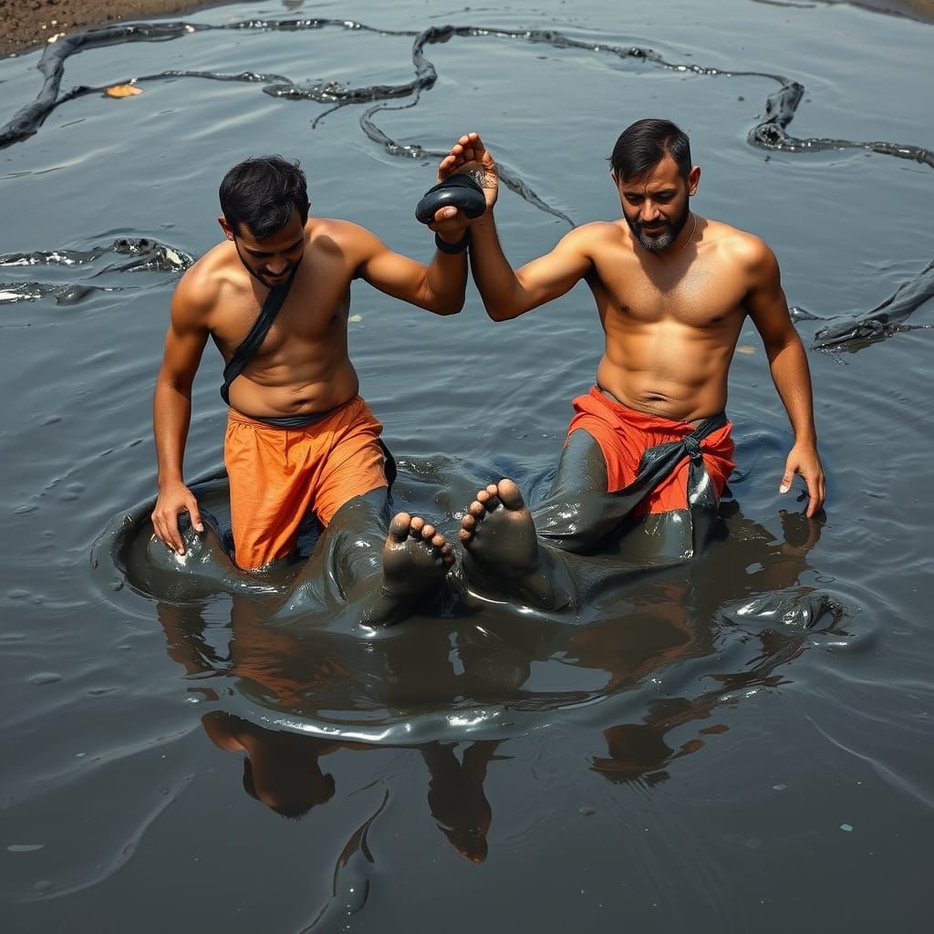 Men Struggle to Free Stuck Feet from Giant Tar Pit