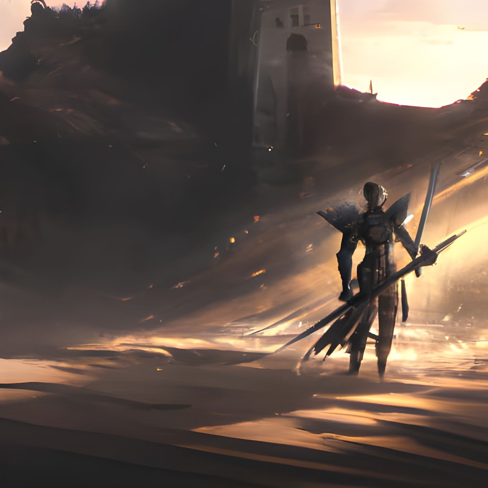 Knight with Flaming Sword in Desert Mist
