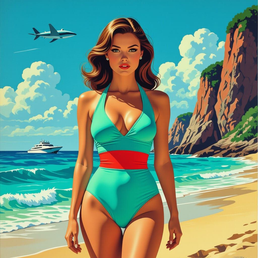 Retro Seaside Scene Inspired by Jaws, Roger Dean, and H.R. G...