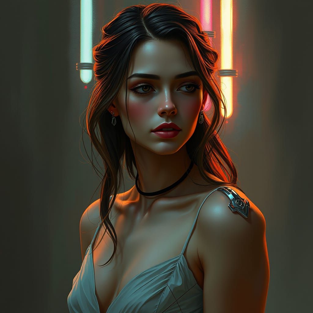 Elegant Woman with Neon Accents in Digital Painting