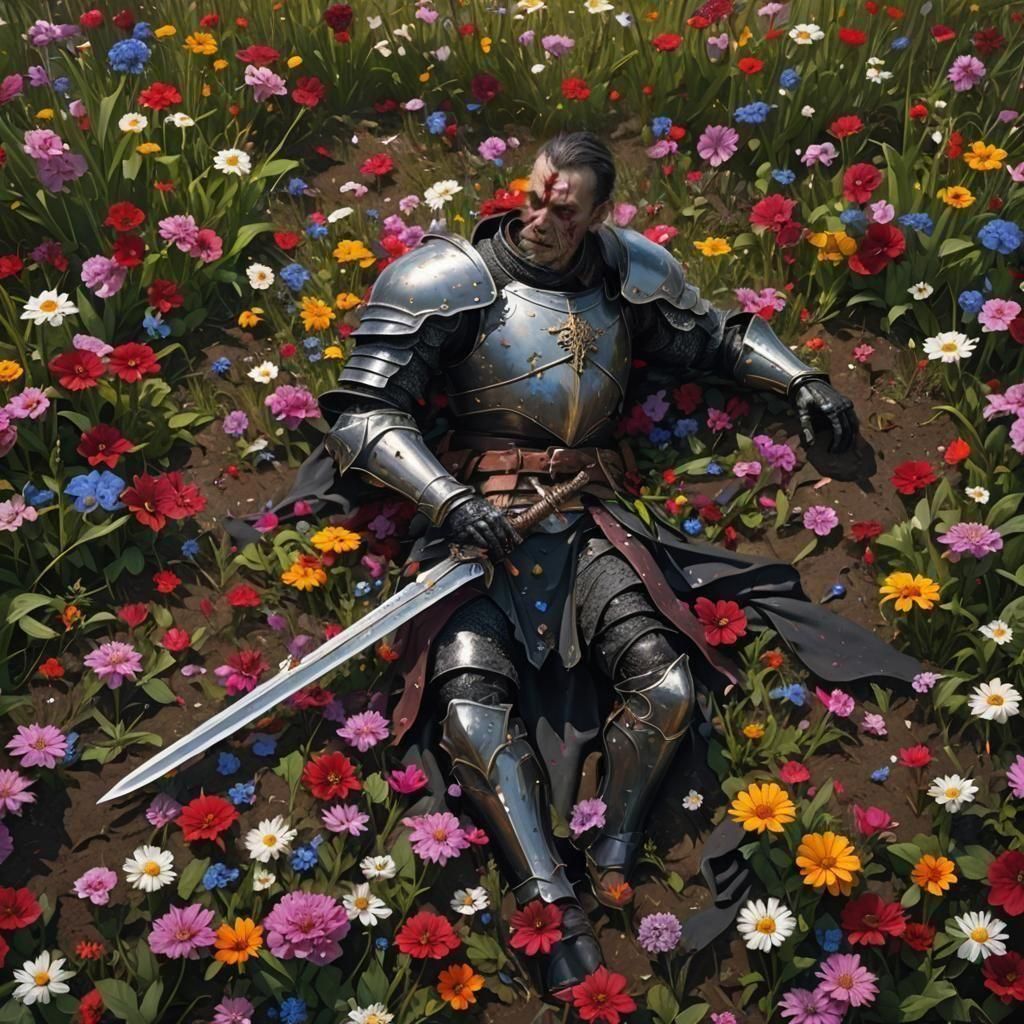 Fallen Knight's Floral Rest: Dark Fantasy Art