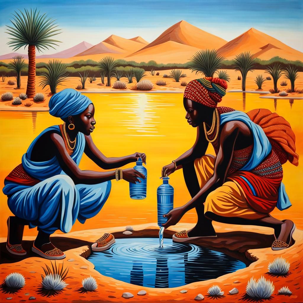 Young Africans Drinking Water: Mediterranean-Style Painting